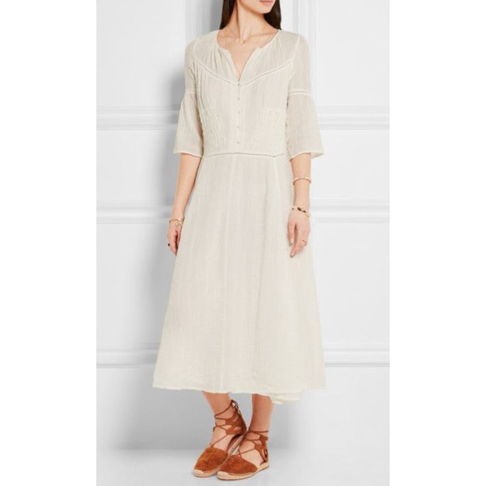 Maje Ringo Ecru Cream Seersucker Crepe Smocked Waist MIDI Dress M $410